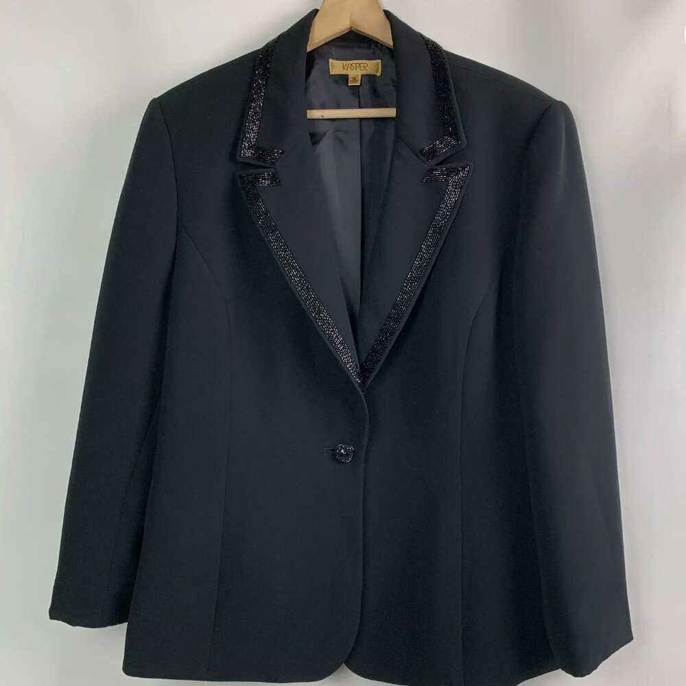 Black Collared Bead Trimmed w/ Shoulder Pads - Full Pants Suit!